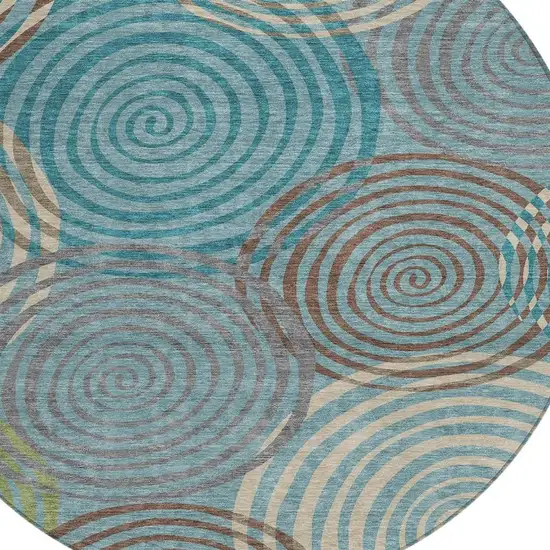8' Teal Blue And Gray Round Geometric Washable Indoor Outdoor Area Rug Photo 2