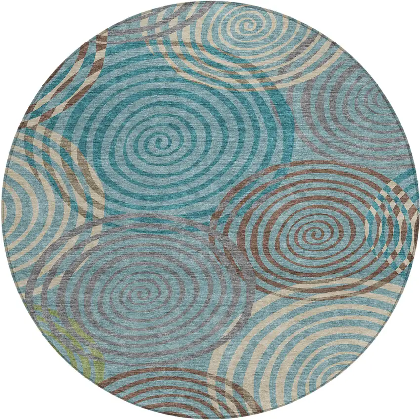 8' Teal Blue And Gray Round Geometric Washable Indoor Outdoor Area Rug Photo 1