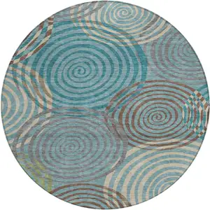 Photo of 8' Teal Blue And Gray Round Geometric Washable Indoor Outdoor Area Rug