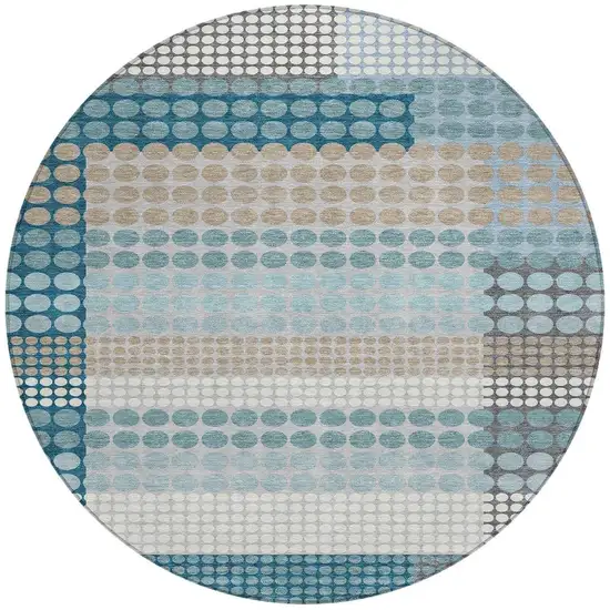 8' Teal Blue And Gray Round Geometric Washable Indoor Outdoor Area Rug Photo 3