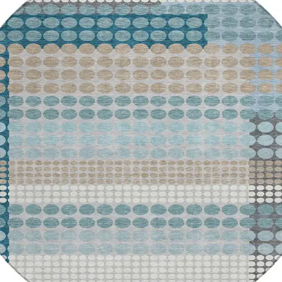 8' Teal Blue And Gray Round Geometric Washable Indoor Outdoor Area Rug Photo 2