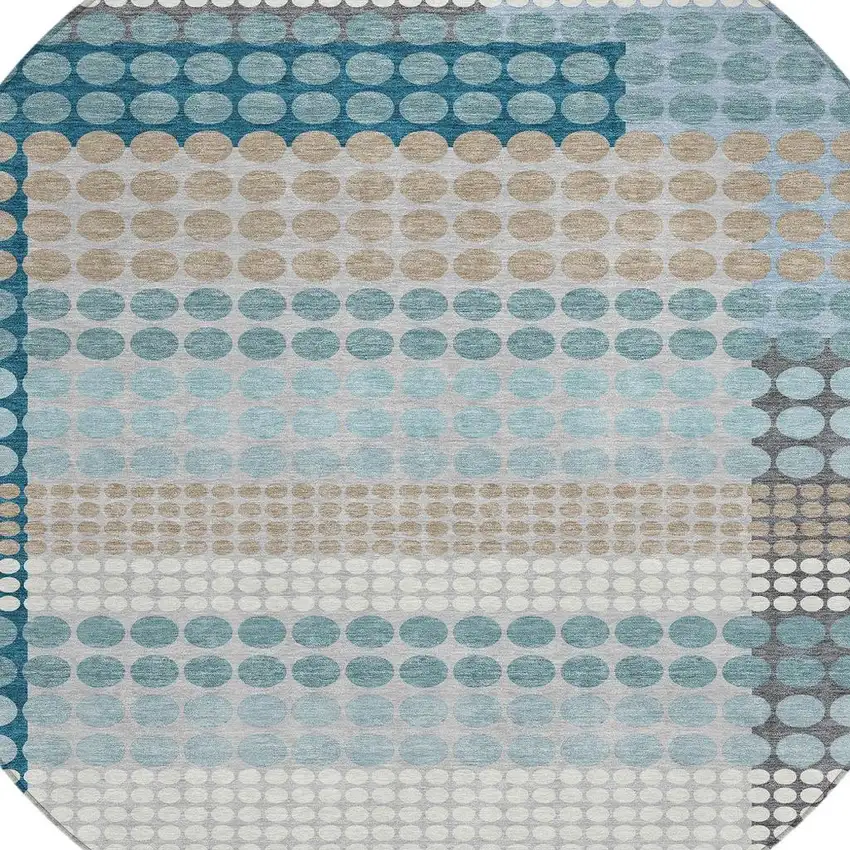 8' Teal Blue And Gray Round Geometric Washable Indoor Outdoor Area Rug Photo 2