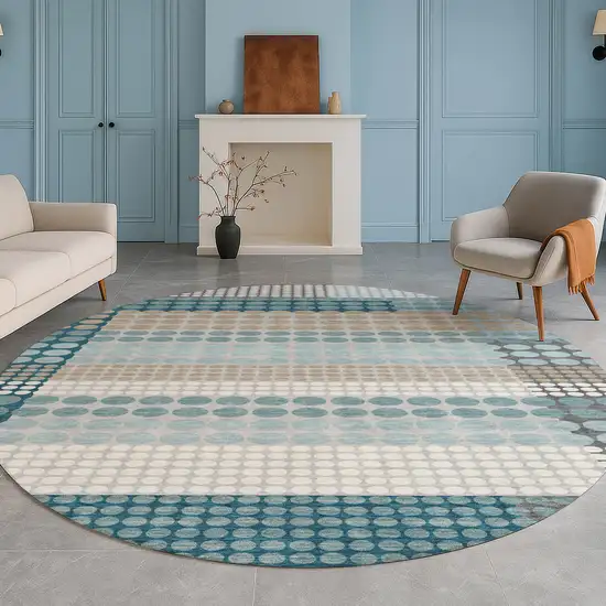 8' Teal Blue And Gray Round Geometric Washable Indoor Outdoor Area Rug Photo 5
