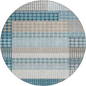 Photo of 8' Teal Blue And Gray Round Geometric Washable Indoor Outdoor Area Rug