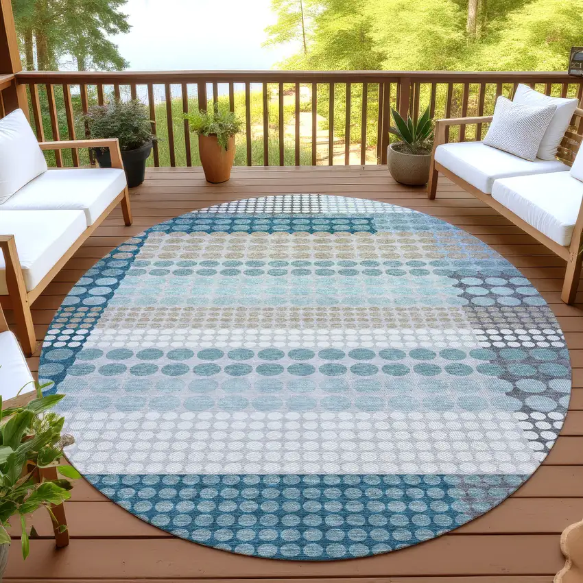 8' Teal Blue And Gray Round Geometric Washable Indoor Outdoor Area Rug Photo 4