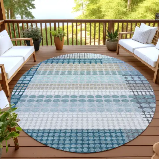 8' Teal Blue And Gray Round Geometric Washable Indoor Outdoor Area Rug Photo 4