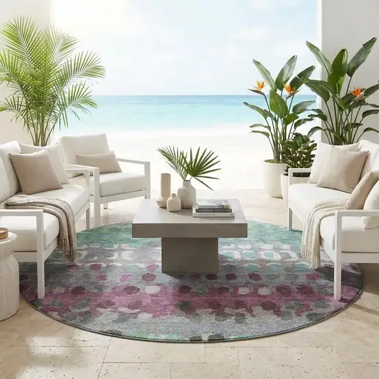 8' Teal Blue And Gray Round Geometric Washable Indoor Outdoor Area Rug Photo 1