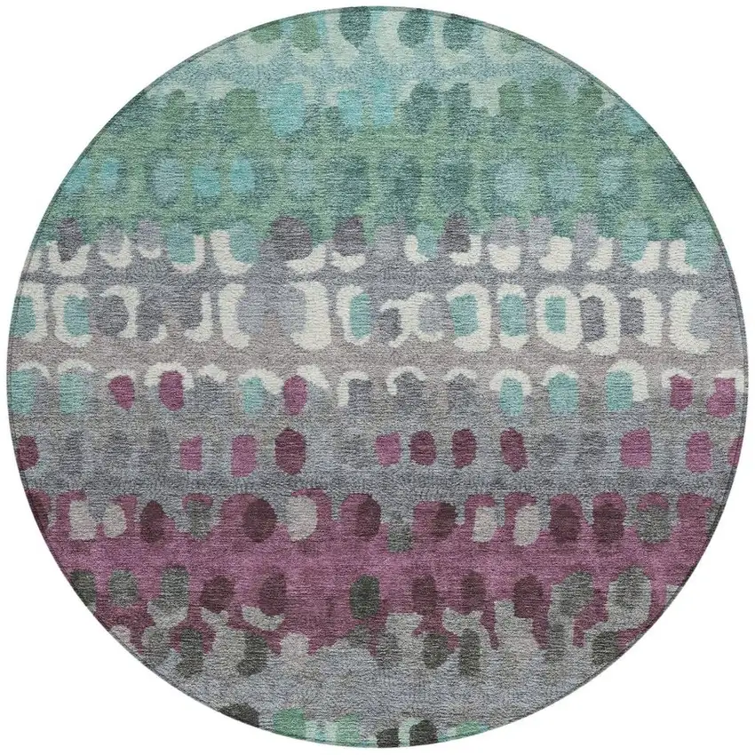 8' Teal Blue And Gray Round Geometric Washable Indoor Outdoor Area Rug Photo 4