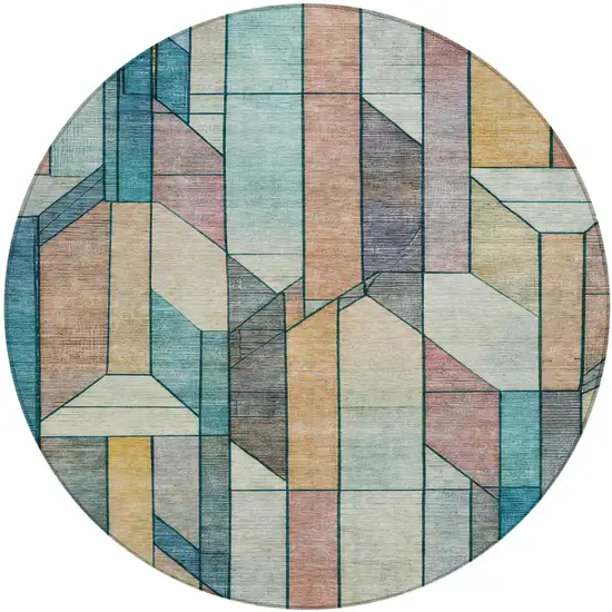 8' Teal Blue And Gray Round Geometric Washable Indoor Outdoor Area Rug Photo 1
