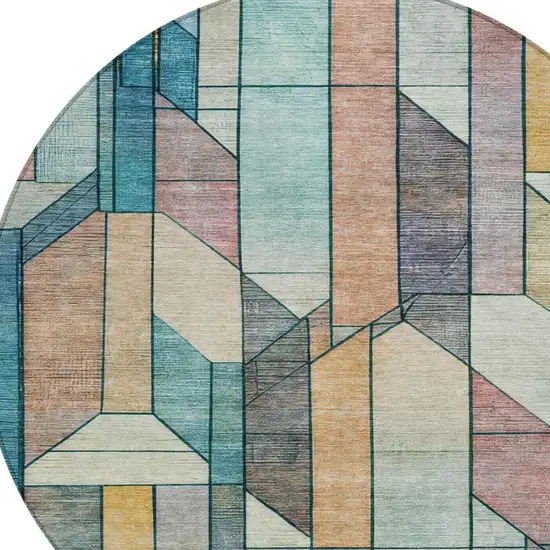 8' Teal Blue And Gray Round Geometric Washable Indoor Outdoor Area Rug Photo 4