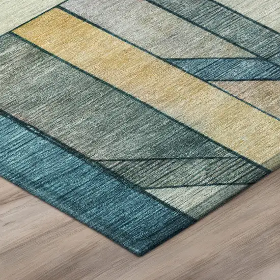 8' Teal Blue And Gray Round Geometric Washable Indoor Outdoor Area Rug Photo 5