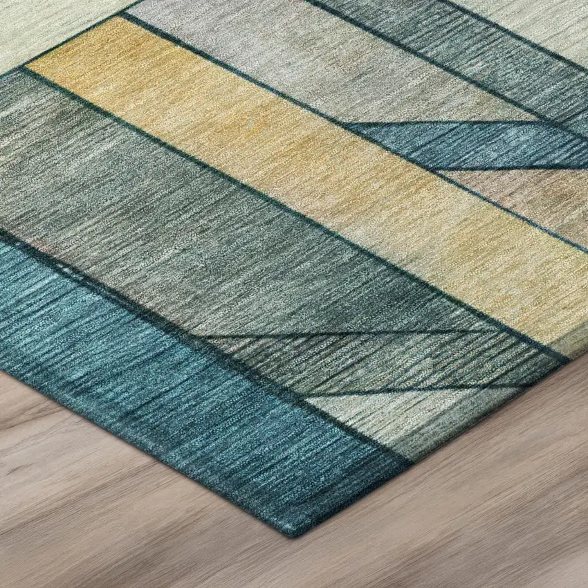 8' Teal Blue And Gray Round Geometric Washable Indoor Outdoor Area Rug Photo 5