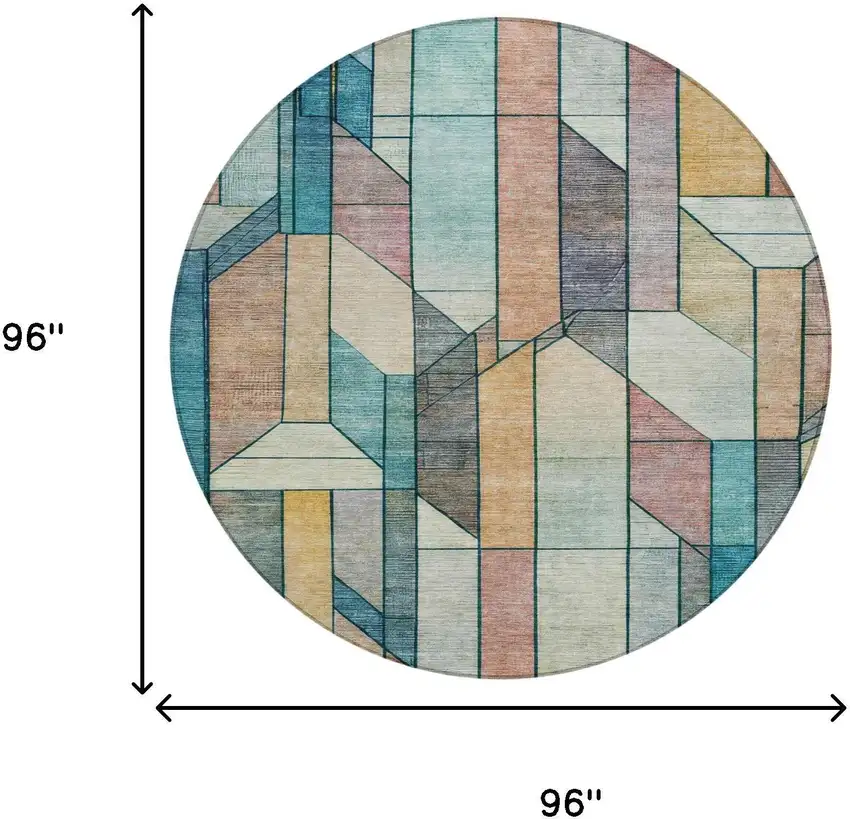 8' Teal Blue And Gray Round Geometric Washable Indoor Outdoor Area Rug Photo 7