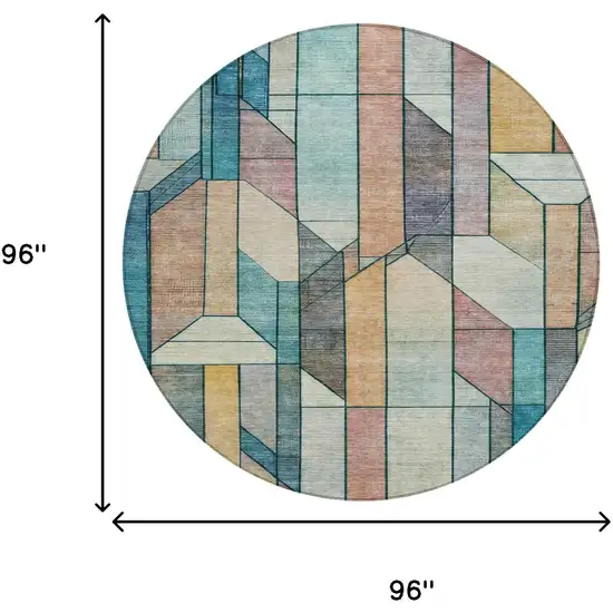 8' Teal Blue And Gray Round Geometric Washable Indoor Outdoor Area Rug Photo 7