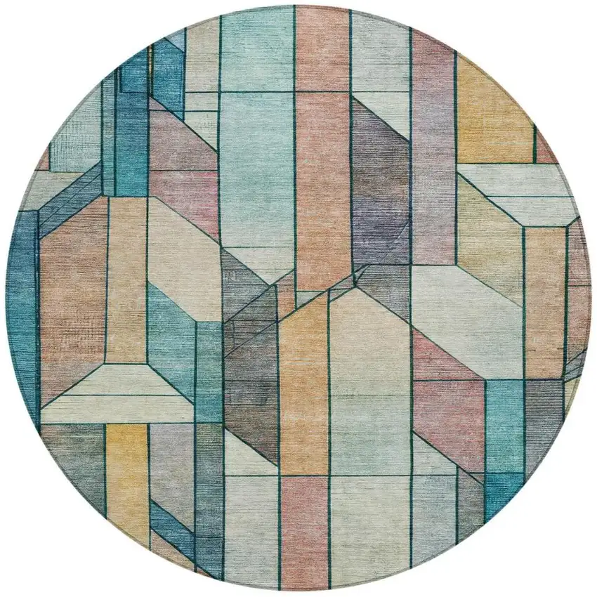 8' Teal Blue And Gray Round Geometric Washable Indoor Outdoor Area Rug Photo 3