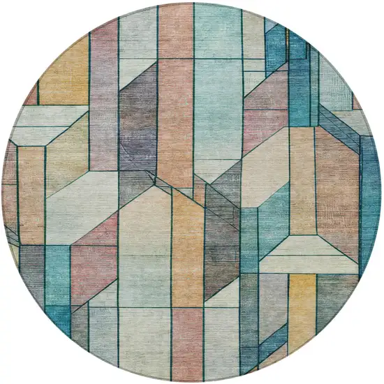 8' Teal Blue And Gray Round Geometric Washable Indoor Outdoor Area Rug Photo 2