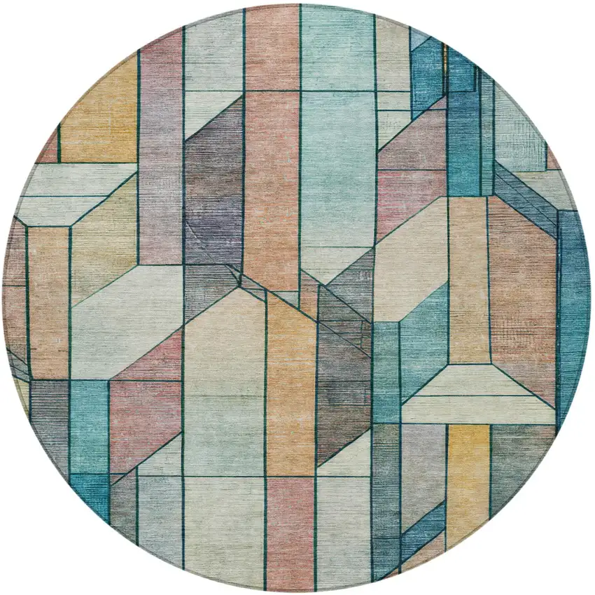 8' Teal Blue And Gray Round Geometric Washable Indoor Outdoor Area Rug Photo 2