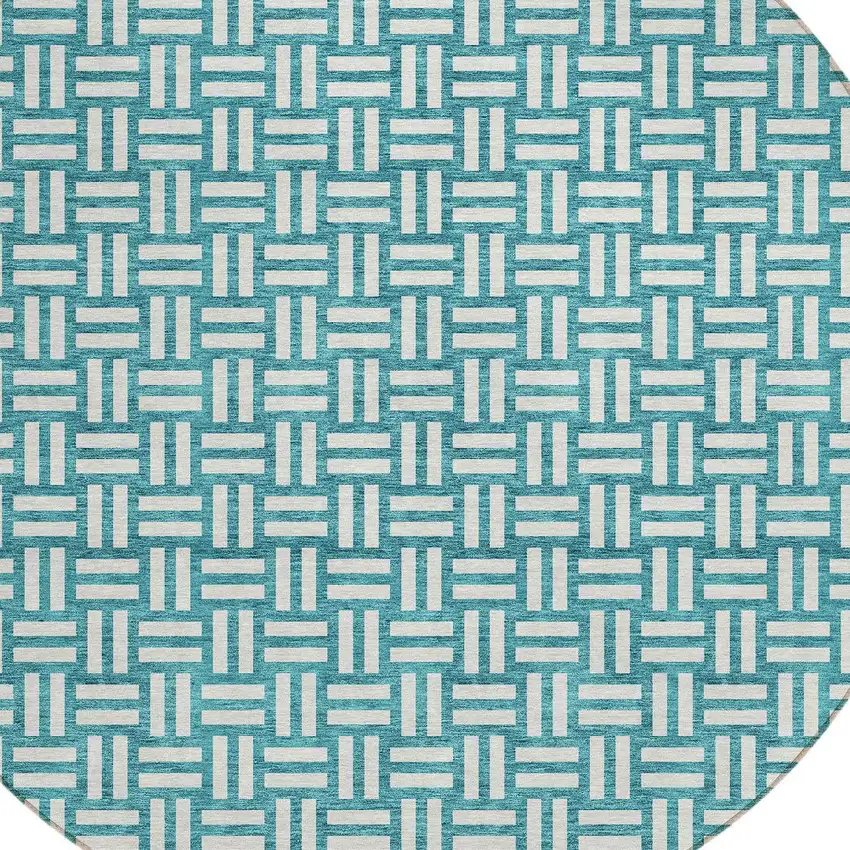 8' Teal Blue And Gray Round Geometric Washable Indoor Outdoor Area Rug Photo 4