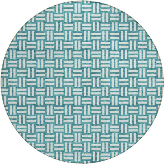 8' Teal Blue And Gray Round Geometric Washable Indoor Outdoor Area Rug Photo 5