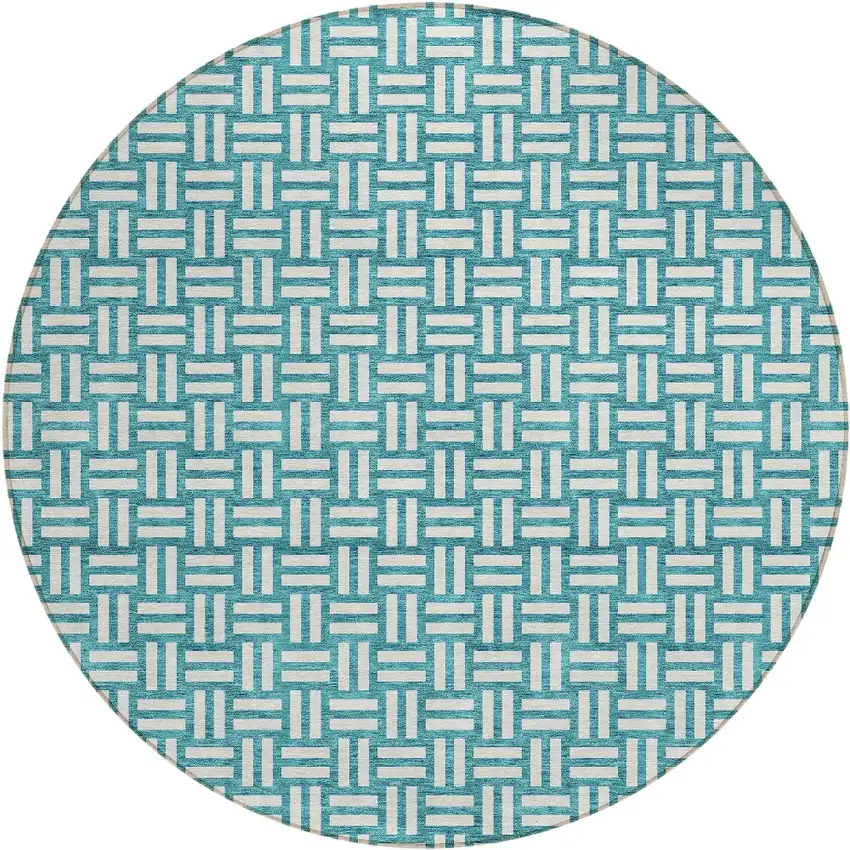 8' Teal Blue And Gray Round Geometric Washable Indoor Outdoor Area Rug Photo 5