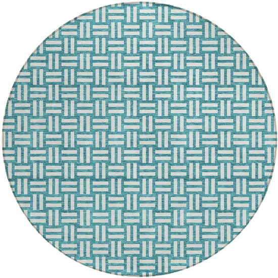 8' Teal Blue And Gray Round Geometric Washable Indoor Outdoor Area Rug Photo 2