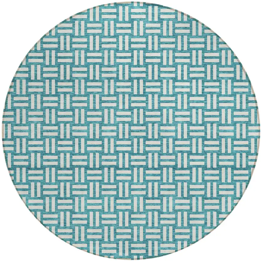 8' Teal Blue And Gray Round Geometric Washable Indoor Outdoor Area Rug Photo 2