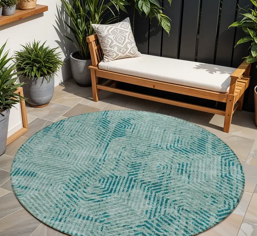 8' Teal Blue And Gray Round Geometric Washable Indoor Outdoor Area Rug Photo 1