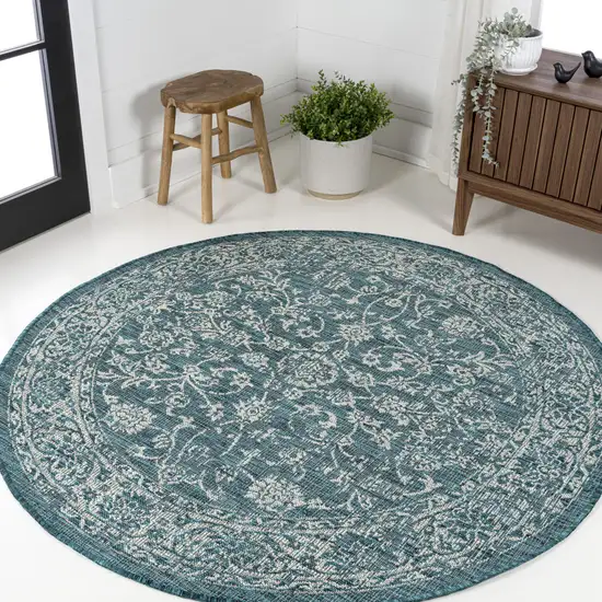 5' Teal Blue And Gray Round Medallion Indoor Outdoor Area Rug Photo 4