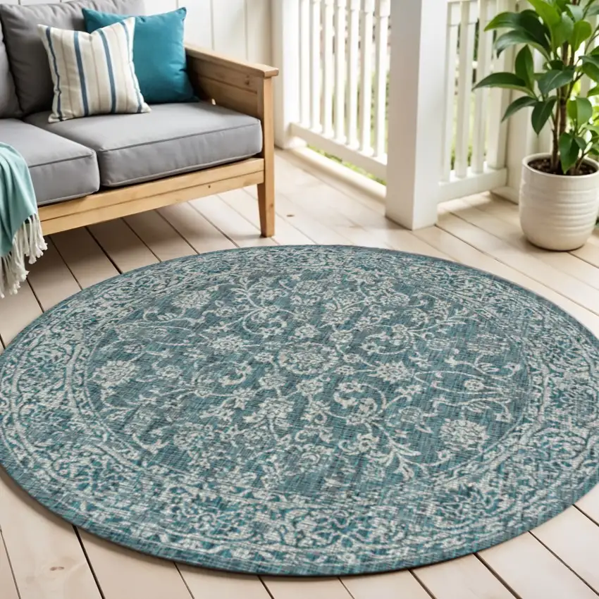 6' Teal Blue And Gray Round Medallion Indoor Outdoor Area Rug Photo 1