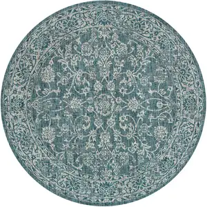 Photo of 6' Teal Blue And Gray Round Medallion Indoor Outdoor Area Rug