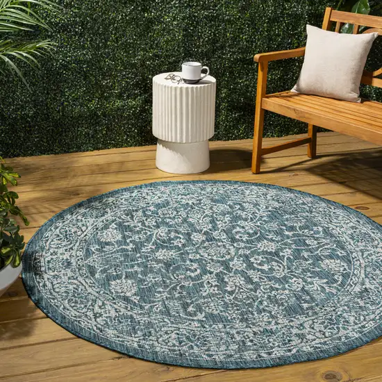 8' Teal Blue And Gray Round Medallion Indoor Outdoor Area Rug Photo 5
