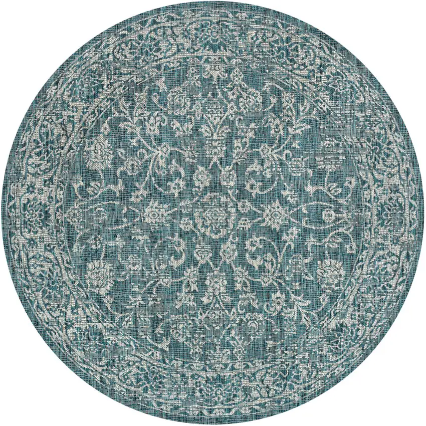 8' Teal Blue And Gray Round Medallion Indoor Outdoor Area Rug Photo 1