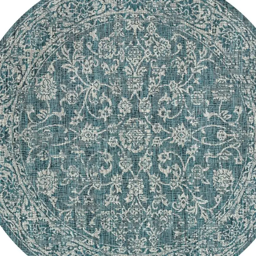 8' Teal Blue And Gray Round Medallion Indoor Outdoor Area Rug Photo 2