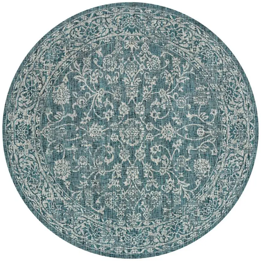 9' Teal Blue And Gray Round Medallion Indoor Outdoor Area Rug Photo 3