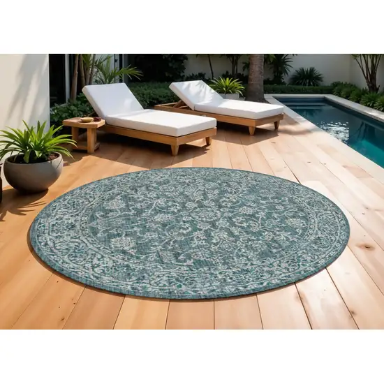9' Teal Blue And Gray Round Medallion Indoor Outdoor Area Rug Photo 1