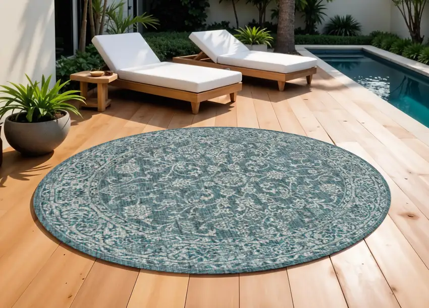 9' Teal Blue And Gray Round Medallion Indoor Outdoor Area Rug Photo 1