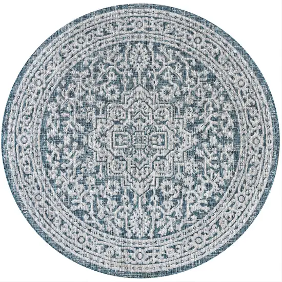 6' Teal Blue And Gray Round Medallion Indoor Outdoor Area Rug Photo 1