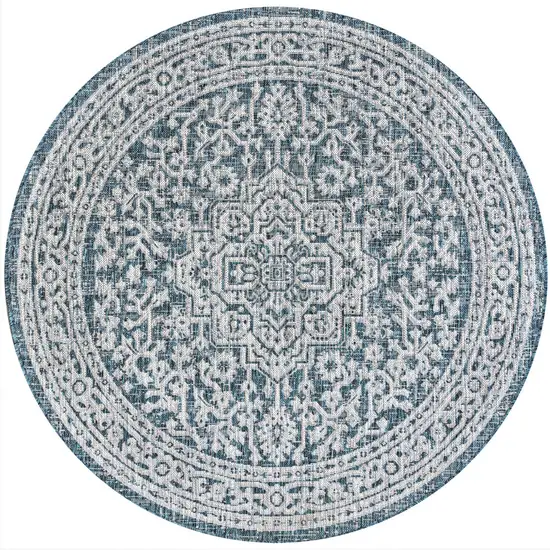 6' Teal Blue And Gray Round Medallion Indoor Outdoor Area Rug Photo 3