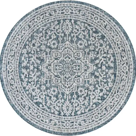 6' Teal Blue And Gray Round Medallion Indoor Outdoor Area Rug Photo 2