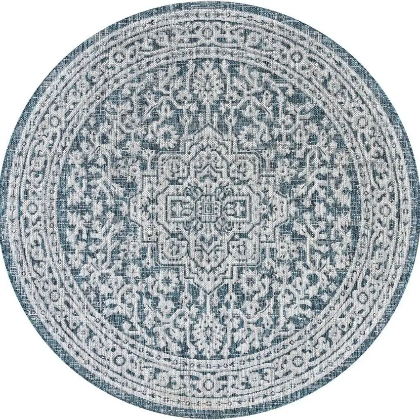 6' Teal Blue And Gray Round Medallion Indoor Outdoor Area Rug Photo 2