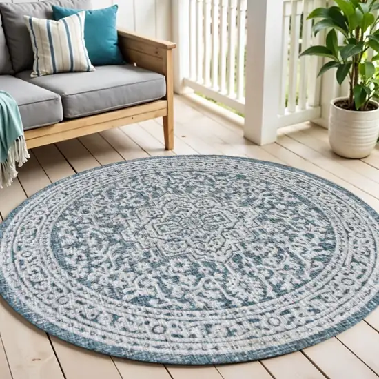 6' Teal Blue And Gray Round Medallion Indoor Outdoor Area Rug Photo 1