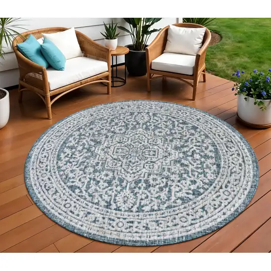 8' Teal Blue And Gray Round Medallion Indoor Outdoor Area Rug Photo 1