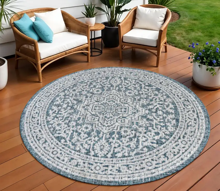 8' Teal Blue And Gray Round Medallion Indoor Outdoor Area Rug Photo 1