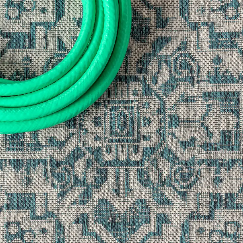 9' Teal Blue And Gray Round Medallion Indoor Outdoor Area Rug Photo 9