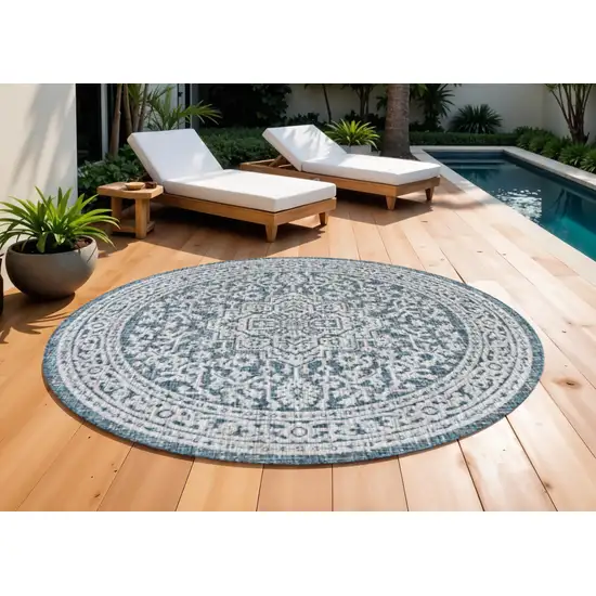 9' Teal Blue And Gray Round Medallion Indoor Outdoor Area Rug Photo 1