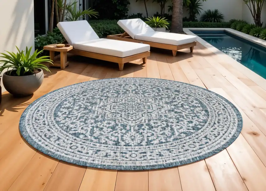 9' Teal Blue And Gray Round Medallion Indoor Outdoor Area Rug Photo 1