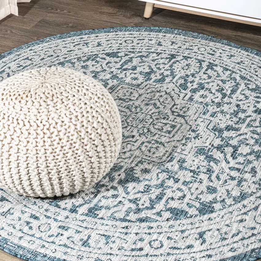 9' Teal Blue And Gray Round Medallion Indoor Outdoor Area Rug Photo 4