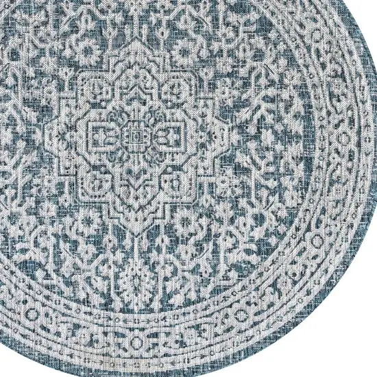 9' Teal Blue And Gray Round Medallion Indoor Outdoor Area Rug Photo 2
