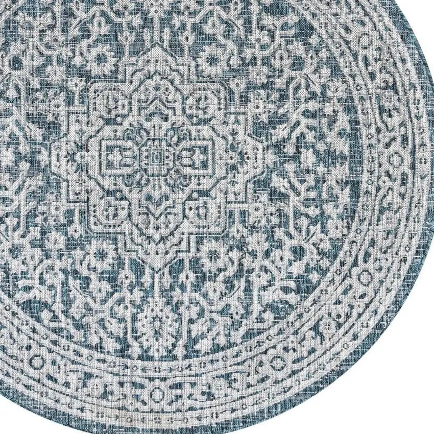 9' Teal Blue And Gray Round Medallion Indoor Outdoor Area Rug Photo 2