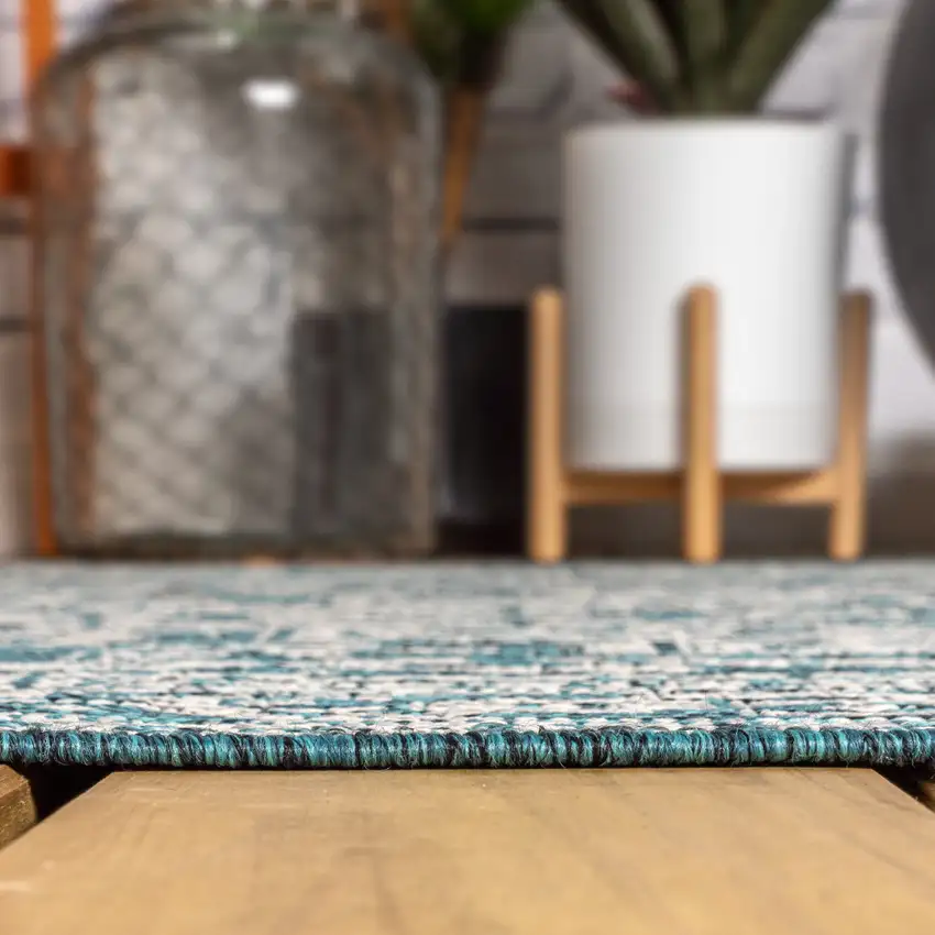 9' Teal Blue And Gray Round Medallion Indoor Outdoor Area Rug Photo 5